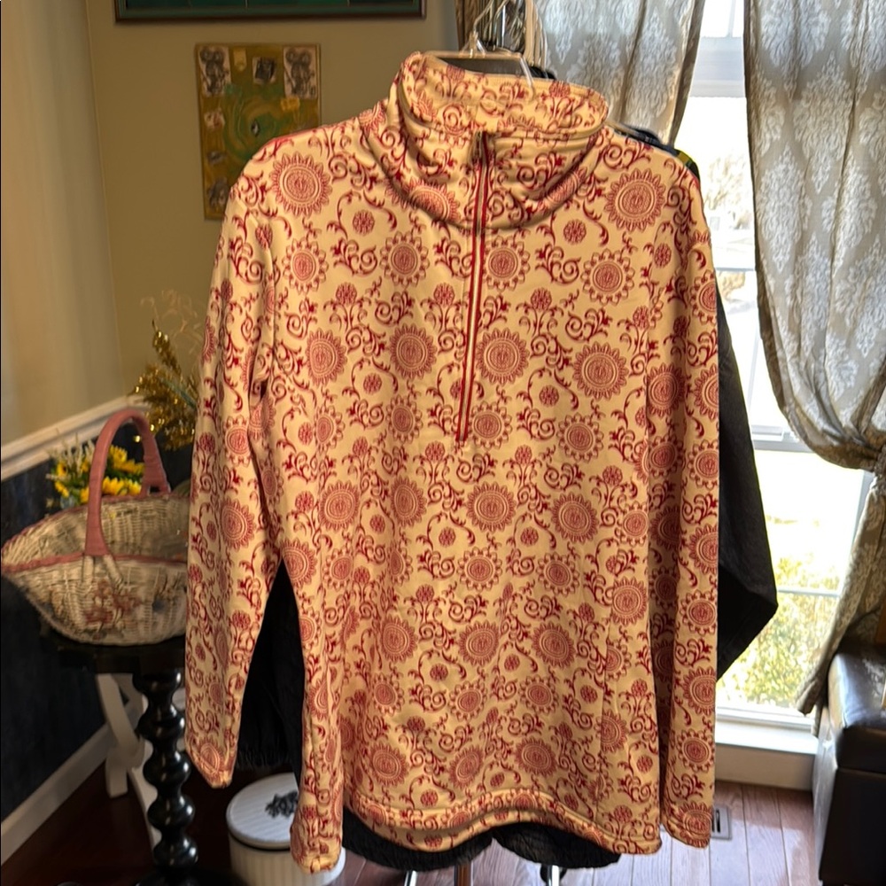 Ascend Red and Cream Cowl Neck Sweater with Intricate Pattern